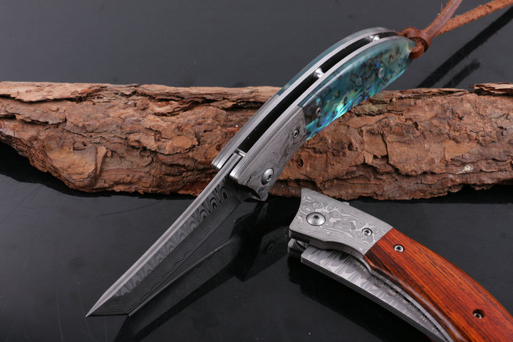 Revenge fighter VG10 Damascus abalone and ebony handle folding knife UD404973